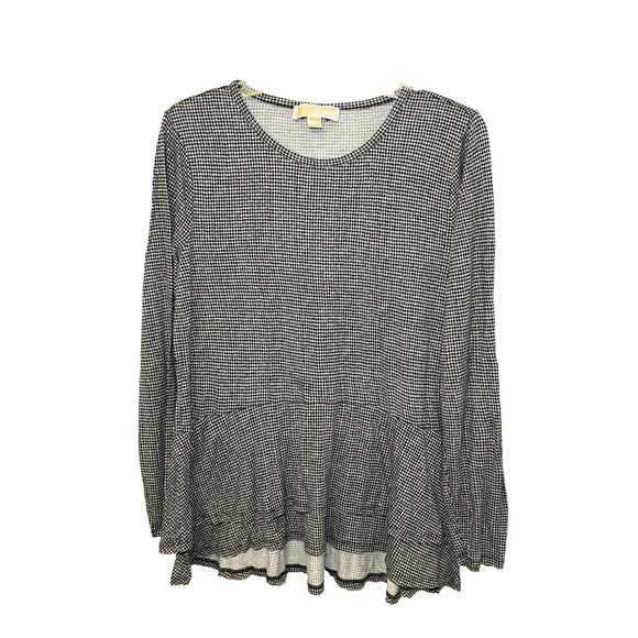 Michael Kors Peplum Top Womens Large Black White Houndstooth Check Long Sleeve - Picture 1 of 6